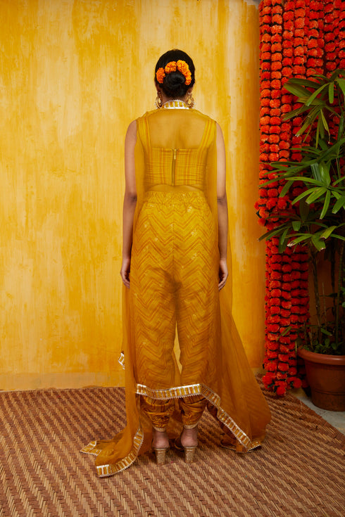 Marigold Zigzag Cape Dhoti Set